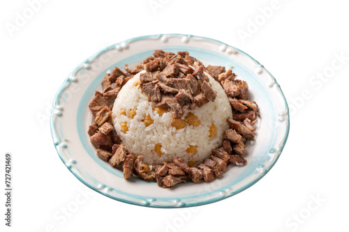Traditional Turkish cuisine; Rice pilaf with meat and chickpeas. Turkish name; Pilav ustu et kavurma, nohutlu etli pilav.