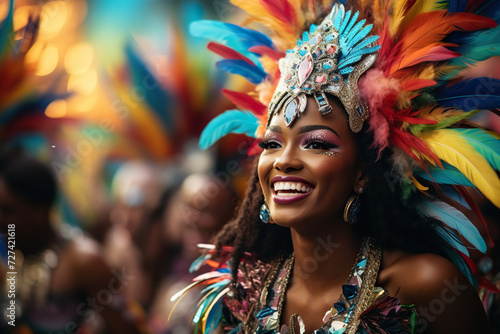 A dancer smiles in a costume with bright feathers at a carnival. Generated by artificial intelligence
