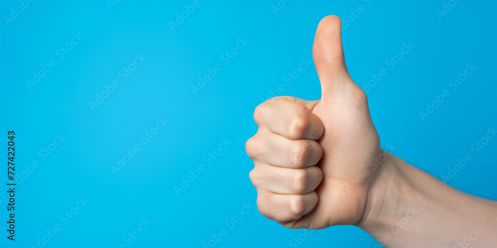 Hand makes thumbs up gesture on blue background. The gesture is all good, like.