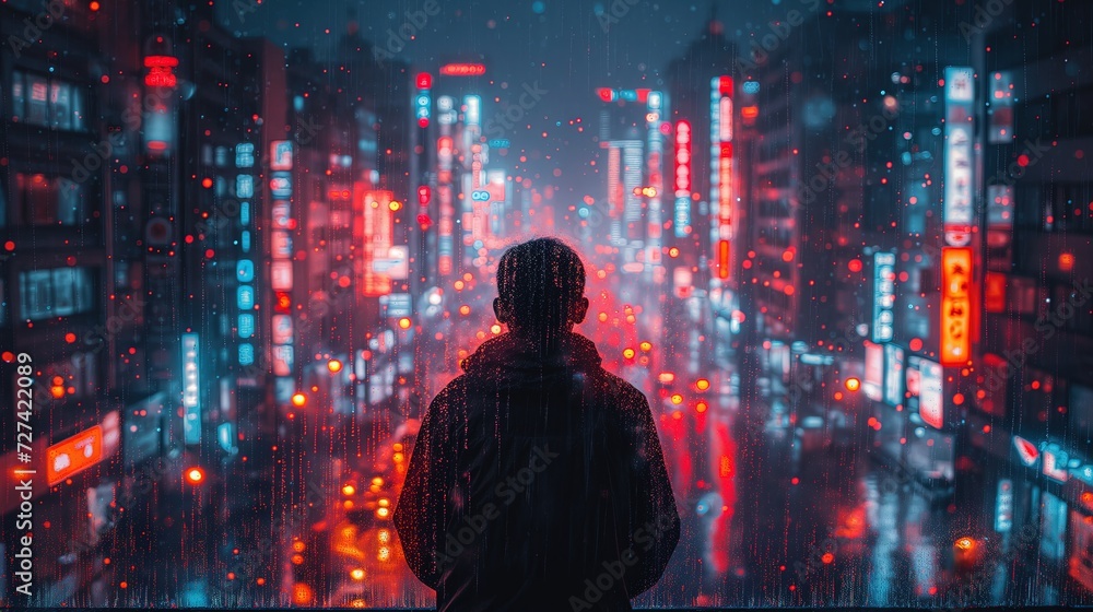 Mężczyzna w deszczu patrzy na miasto.