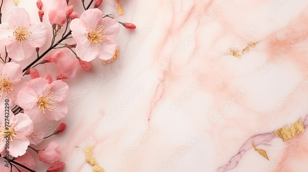 Sakura flowers on background made of marble. Spring composition with copy space.