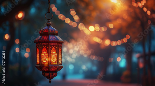 Arabic lantern of ramadan celebration against the bokeh background