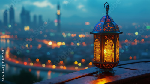 Arabic lantern of ramadan celebration against the city background