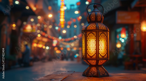 Arabic lantern of ramadan celebration placed on the table against the old city background