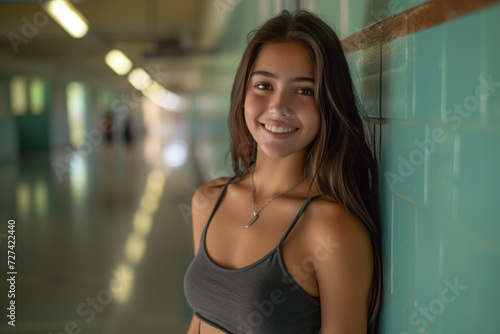 Friendly teenage girl smiling near lockers in a warmly lit school corridor.