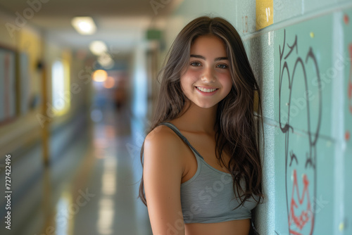 Cheerful teenage girl with flowing hair and a gray sports bra leans on a locker in a sunlit school corridor, exuding a bright, friendly vibe.