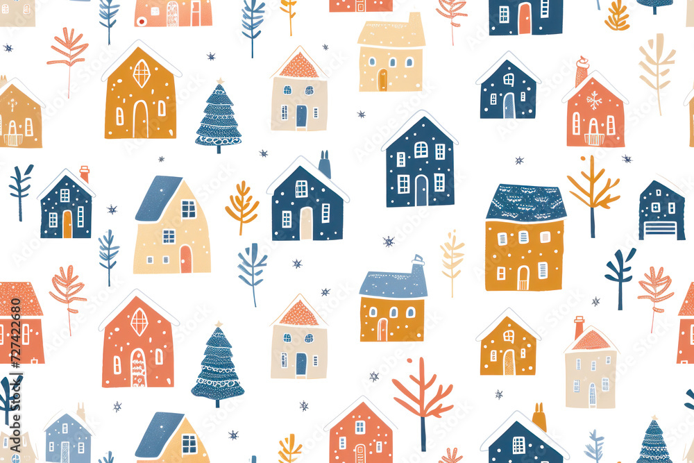 Pastel Winter Pattern with Cozy Homes