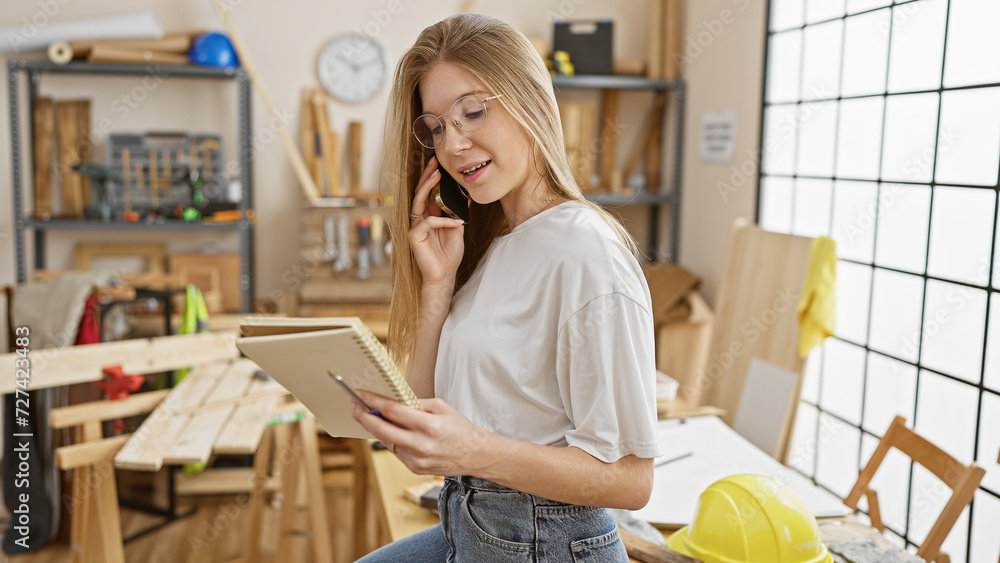 A blonde woman in a workshop talks on the phone while holding a notebook, surrounded by woodworking tools.