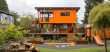 Commanding burnt orange craftsman house, rooftop garden, yard with wooden play structure.