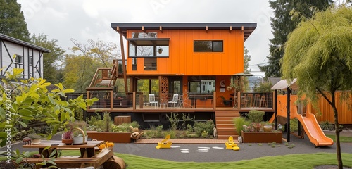 Commanding burnt orange craftsman house  rooftop garden  yard with wooden play structure.
