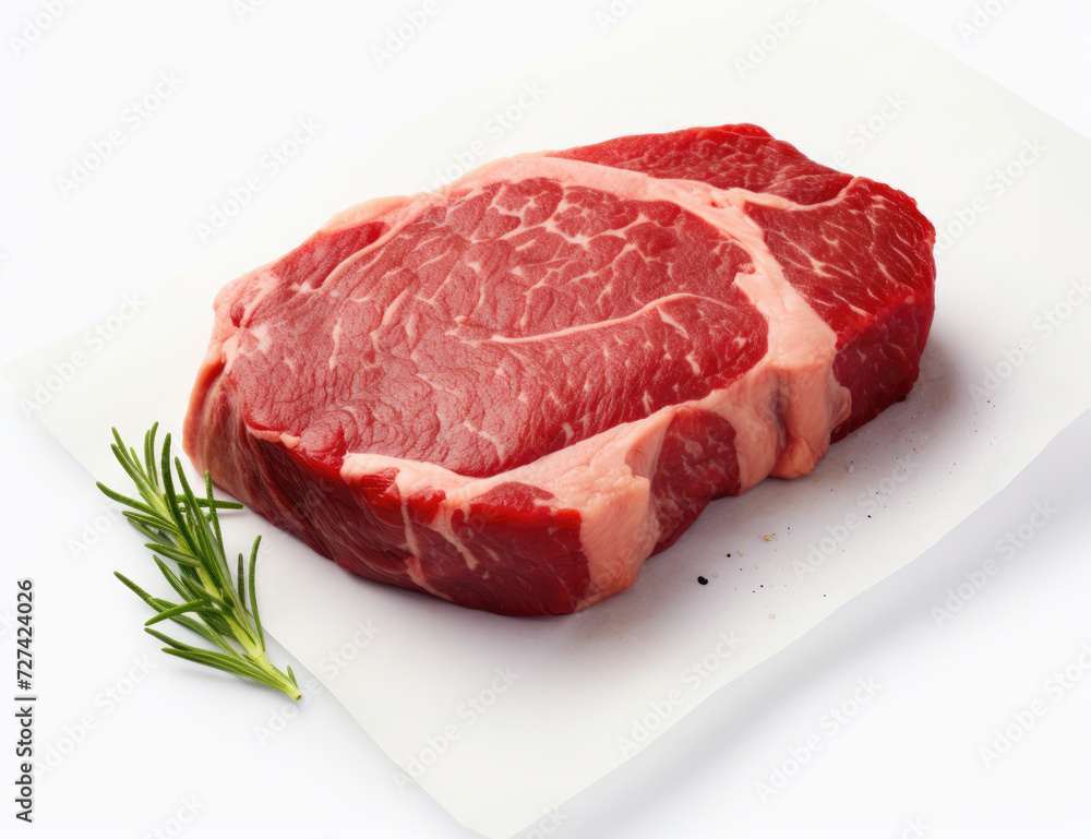 Fresh ribeye steak with marbling, accompanied by rosemary, on a white surface, ideal for a high-end culinary presentation.