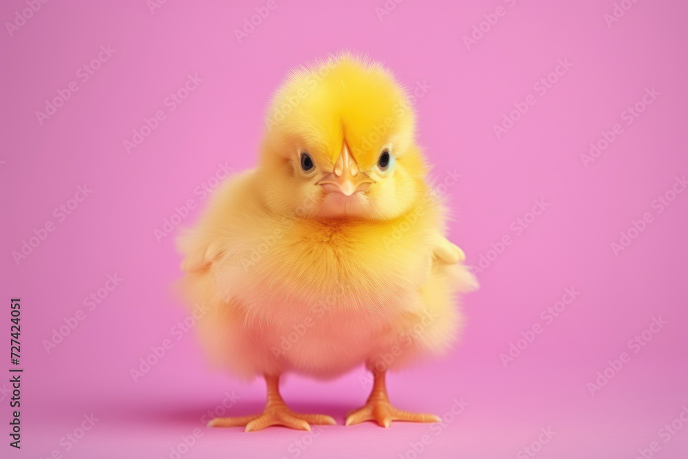 Obraz premium Plump yellow chick standing on a vibrant pink background, looking slightly grumpy yet adorable.