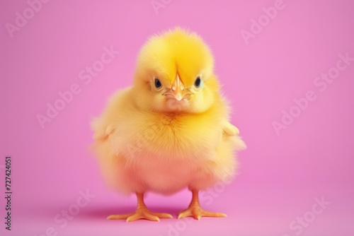 Plump yellow chick standing on a vibrant pink background, looking slightly grumpy yet adorable.