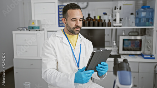A young hispanic man with a beard wearing a lab coat and gloves holds a tablet in a medical laboratory setting.