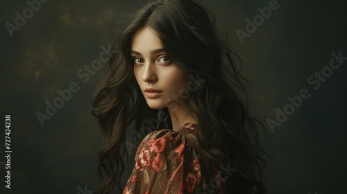 portrait of attractive, sensual woman with long dark hair