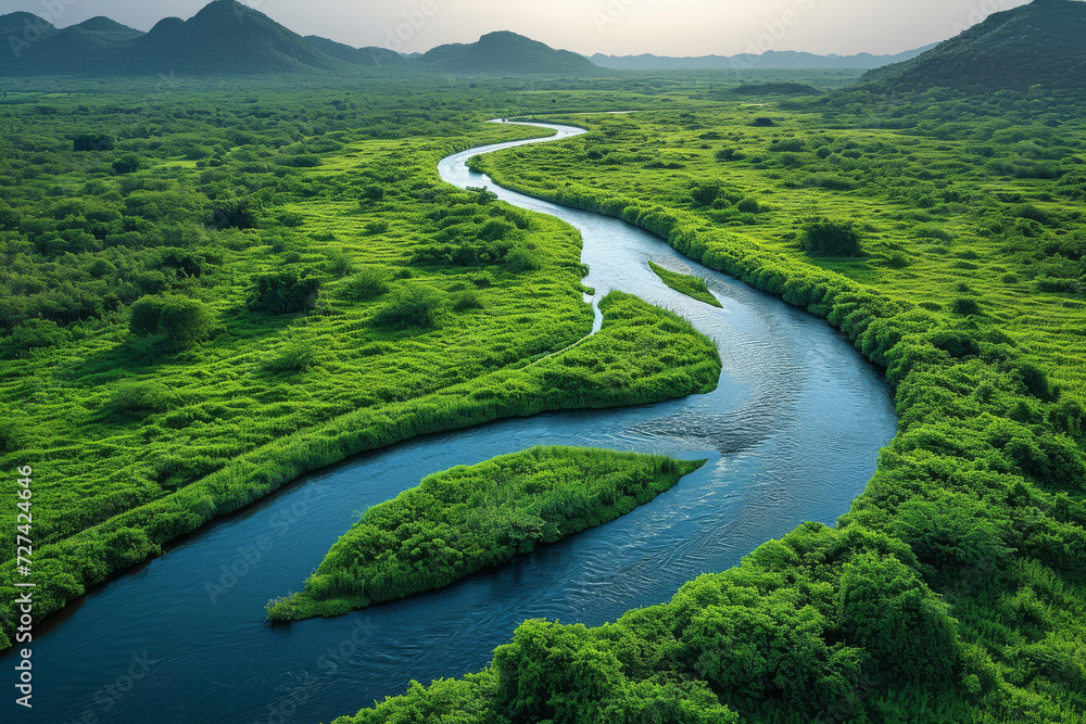 Aerial view of a winding river cutting through a lush green landscape, showcasing nature's meandering artistry. Concept of natural landscapes from above. Generative Ai.