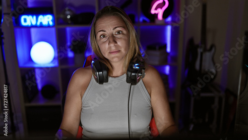 Beautiful, young, blonde female gamer and streamer, earnestly engaged in a nighttime gaming stream, seated in a tech-packed gaming room, geared with headphones and laser-focused on the monitor.