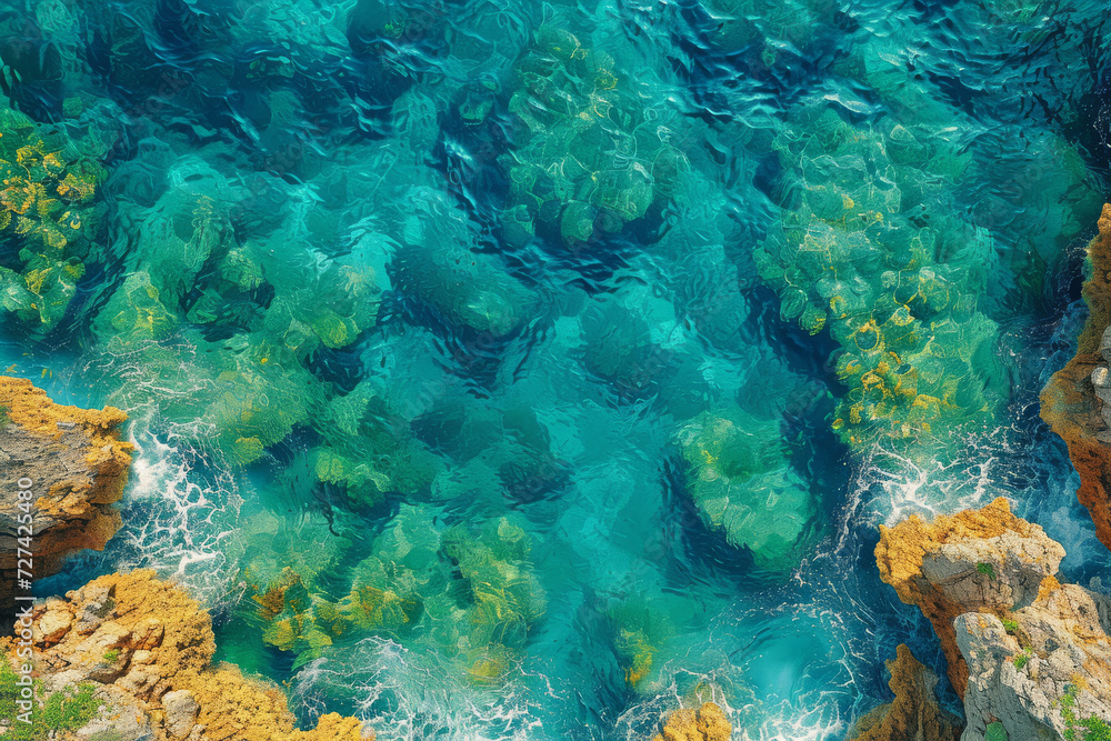 Obraz premium Aerial view of a coral reef, revealing the vibrant life and patterns beneath the water. Concept of marine ecosystems and underwater photography. Generative Ai.