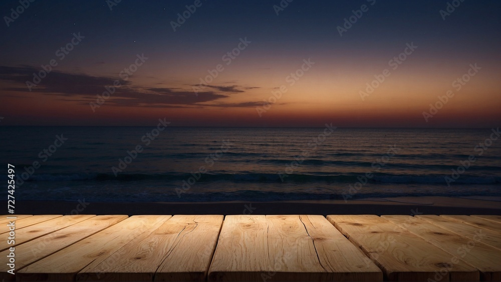 wooden table top on sunset sea background, product presentation concept, product placement