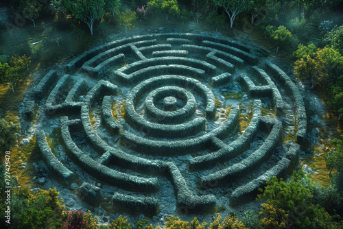 Overhead shot of a maze garden  displaying the intricacy and playfulness of the design. Concept of human creativity and nature. Generative Ai.