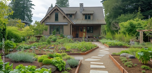 Eagle view of a warm taupe craftsman house  state-of-the-art composting  organic herb garden with stone walkways.