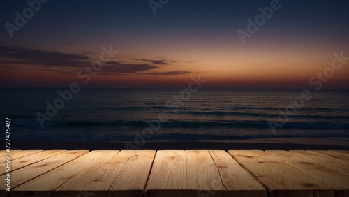 wooden table top on sunset sea background, product presentation concept, product placement © Денис Богдан