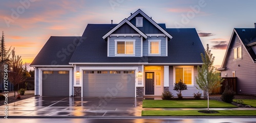 Electric blue house in a suburban sector, with quaint windows, on an expansive property, during early evening twilight.