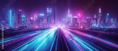 Futuristic cityscape night with neon purple and blue glowing lights background. Generated AI