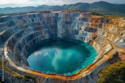 Aerial view of an open-pit mine, showcasing the scale of human extraction and its impact. Concept of industry and environmental photography. Generative Ai. #727425620