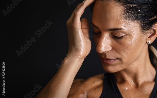 Woman Sweating Workout in Gym Background