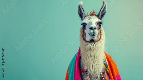 a llama with colorful clothes stands in front of a green wall