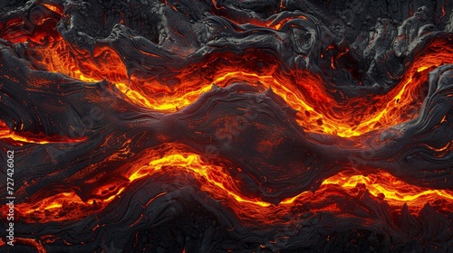 Lava texture reveals a mesmerizing volcanic landscape with wavy patterns and rough surface. Lava texture with warm and dark tones in a natural spectacle.