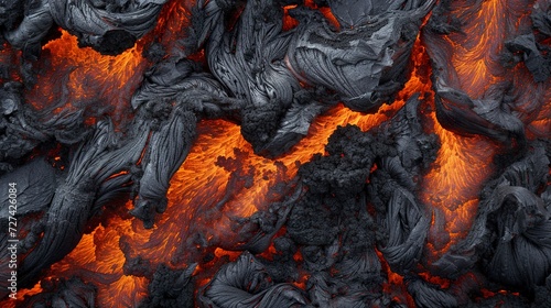 Lava texture reveals a mesmerizing volcanic landscape with wavy patterns and rough surface. Lava texture with warm and dark tones in a natural spectacle.