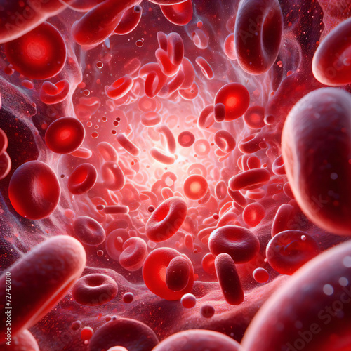 Close-up view of red blood cells floating in plasma. Bright red densely packed cells. Radiant glow from image center