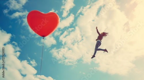 Kobieta skacze w kierunku czerwonego balonu w kształcie serca. Na tle chmur i nieba.