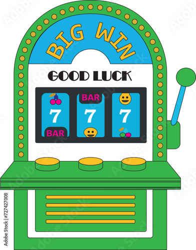 Slot machine with lucky seven jackpot. Casino game win. Gambling item. Big prize concept. One arm bandit. Roulette banner. Glowing lamp. line art. Retro flat style. Cartoon vector design illustration