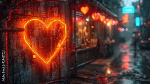 Na bocznej ścianie budynku znajduje się neonowe serce, w tle widać restauracje z sercami lampionami photo