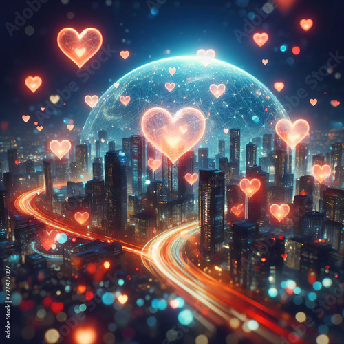 Valentine's Day glowing hearts sky romantic cityscape night stars illumination buildings skyscrapers urban metropolis fantasy cosmic dreamy