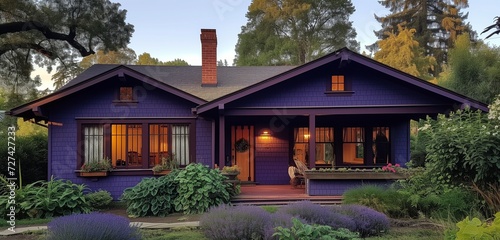 Full front view of a violet craftsman cottage  showcasing artisanal craftsmanship  high-definition precision.