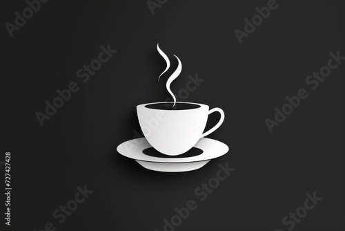 A steaming cup of coffee sits elegantly on a dark saucer, the white ceramic emitting a calming aura amidst the black backdrop
