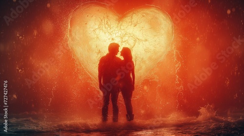 Zakochana para stoi w wodzie przed sercem z którego wylewa się woda w romantycznym świetle.  © Artur