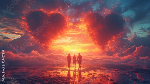 Obraz przedstawia trzy osoby stojące przed dwoma chmurami w kształcie serca o zachodzie slońca photo