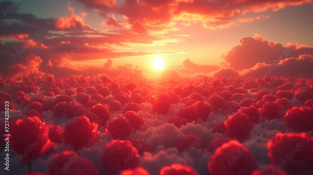 Słońce zachodzi nad polem chmur w kształcie róż tworząc romantyczną atmosferę dla tego zdjęcia walentynkowego. - obrazy, fototapety, plakaty 