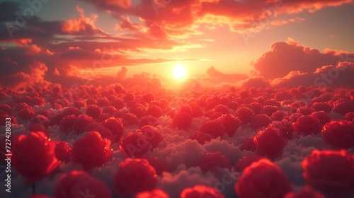 Słońce zachodzi nad polem chmur w kształcie róż tworząc romantyczną atmosferę dla tego zdjęcia walentynkowego. photo