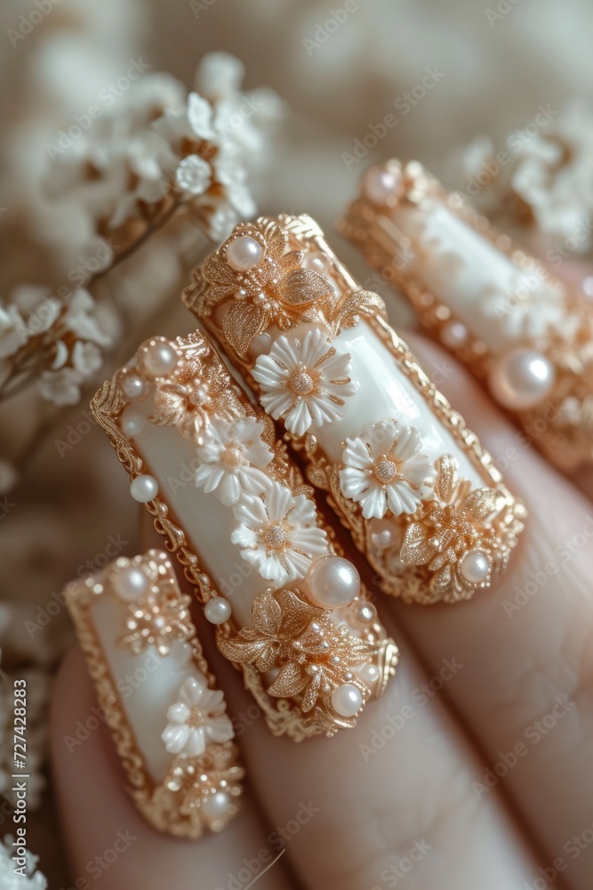 Nail art mastery: a captivating showcase of 3d three-dimensional elegance, featuring beautiful design adorning nails, blending creativity, style, intricate craftsmanship for a chic and trendy look.