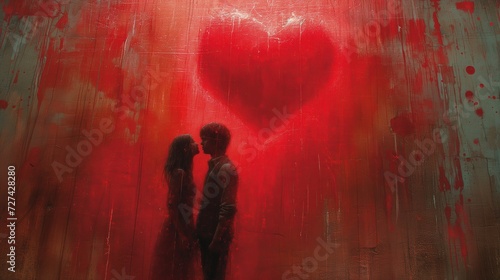 Ściana pochlapana czerwoną farbą z malunkiem zakochanej pary pod unoszącym się nad nimi sercem.