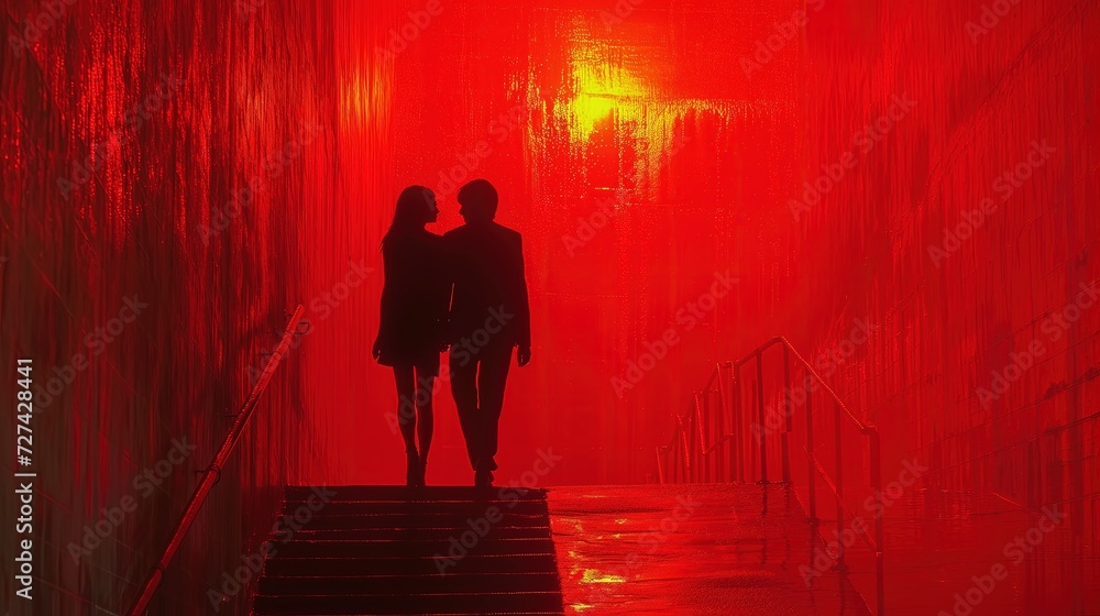 Elegancka para idzie niepokojącym czerwonym korytarzem po schodach - obrazy, fototapety, plakaty 