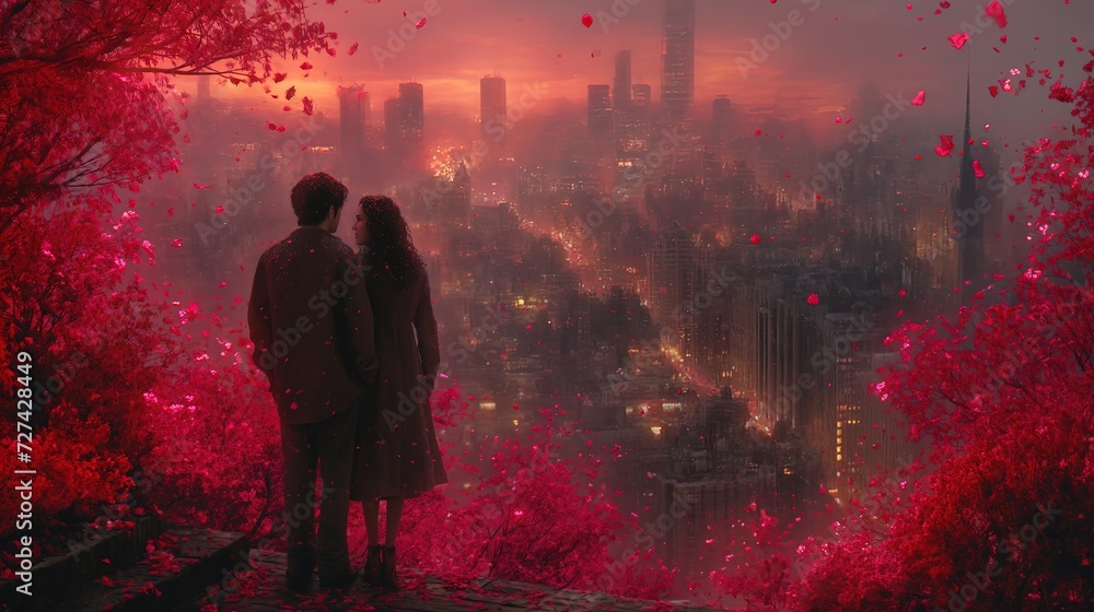 Mężczyzna i kobieta stojący na szczycie wzgórza i spoglądający na miasto obok bujnych różowych drzew i krzewów - obrazy, fototapety, plakaty 