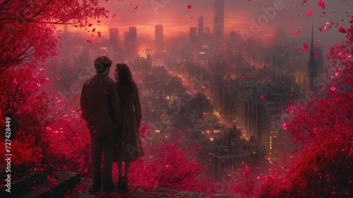 Mężczyzna i kobieta stojący na szczycie wzgórza i spoglądający na miasto obok bujnych różowych drzew i krzewów