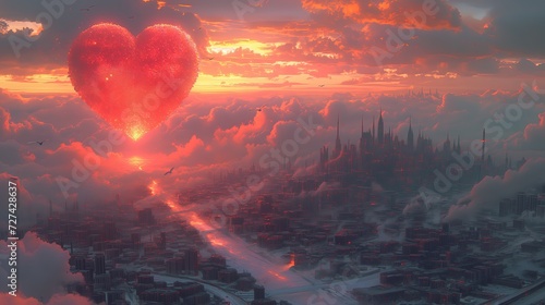 Balon w kształcie serca unosi się nad miastem tworząc romantyczną atmosferę.